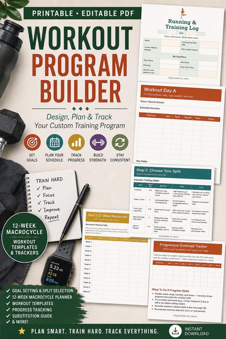 K&ouml;nnte beinhalten: Ein druckbarer und bearbeitbarer PDF-Trainingsprogramm-Builder mit einem Lauf- und Trainingsprotokoll, Trainingsvorlagen, einem 12-Wochen-Makrozyklus-Planer und einem Tracker f&uuml;r progressive &Uuml;berlastung sowie verschiedenen Symbolen.