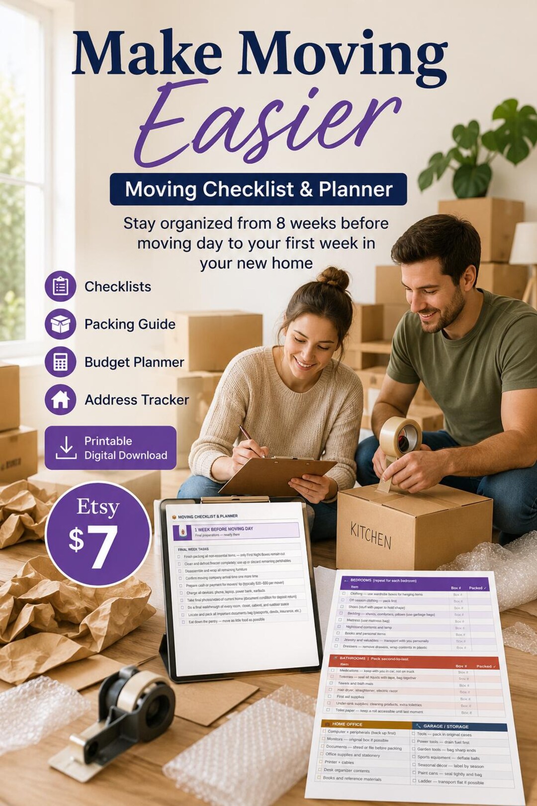 Moving Checklist Planner | Printable Organizer, Timeline, Budget ...