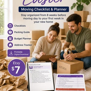 Könnte beinhalten: Ein Umzugs-Checkliste und Planer mit dem Text "Make Moving Easier". Das Bild zeigt ein Paar beim Packen von Kartons, mit Checklisten, einem Packleitfaden und einem Budgetplaner. Der digitale Download ist auf Etsy erhältlich.