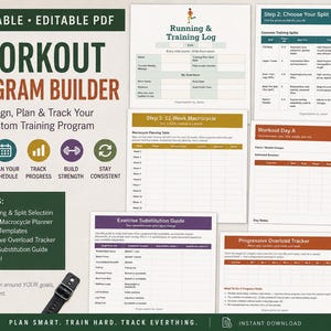 Puede incluir: Un generador de programas de entrenamiento en PDF imprimible y editable que incluye un registro de carrera y entrenamiento, un planificador de macrociclos de 12 semanas, una guía de sustitución de ejercicios y un rastreador de sobrecarga.