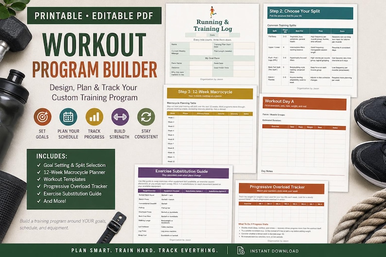 K&ouml;nnte beinhalten: Ein druckbarer und bearbeitbarer PDF-Trainingsprogramm-Builder mit einem Lauf- und Trainingsprotokoll, einem 12-Wochen-Makrozyklus-Planer, einem &Uuml;bungsaustausch-Leitfaden und einem Tracker f&uuml;r progressive &Uuml;berlastung, neben Fitnessger&auml;ten.