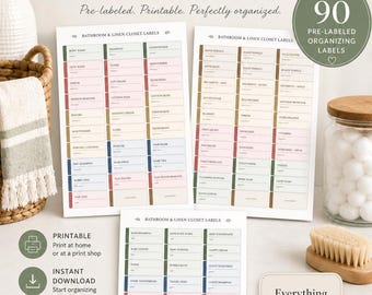 Etiquetas para baño y armario de ropa blanca / 90 etiquetas imprimibles / Compatibles con Avery 5160 / Cuidado de la piel, toallas, medicamentos y más / Descarga en PDF