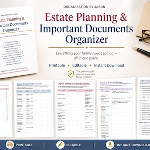 May include: An estate planning and important documents organizer binder with multiple printed pages including a table of contents, legal documents tracker, digital assets and online accounts list, funeral and final wishes form, and an after-death action checklist.