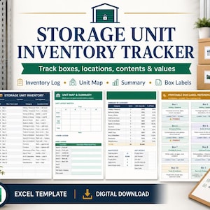 May include: A storage unit inventory tracker digital template featuring an inventory log, unit map, summary, and printable box labels. The design includes dark blue and green text on a white background with icons for organisation and tracking.