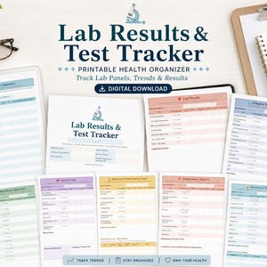 Puede incluir: Un organizador de salud imprimible para el seguimiento de resultados de laboratorio y pruebas, con varias páginas para registrar paneles, tendencias y resultados. Los documentos incluyen secciones para perfiles lipídicos y paneles metabólicos.