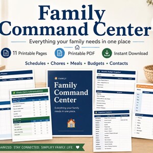 May include: A set of printable pages for a Family Command Centre, including schedules, chores, meals, budgets, and contacts. The main title is "Family Command Centre" with the tagline "Everything your family needs in one place."
