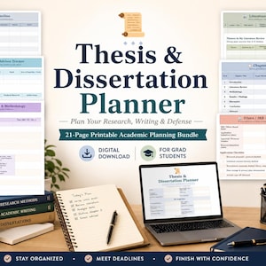 Thesis & Dissertation Planner | Printable Grad School Planner | Literature Review, Chapter Tracker and Defense Prep | Digital Download