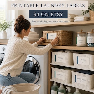 May include: A laundry room scene with printable laundry labels. The image shows a woman organizing laundry supplies. Baskets and containers are labeled with text such as "Towels", "Whites", and "Darks". The text "ORGANIZE YOUR LAUNDRY ROOM" is visible.