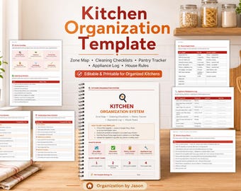 May include: A kitchen organization template set featuring a spiral-bound planner and multiple printable sheets. The documents include a zone map, cleaning checklists, pantry tracker, appliance log, and house rules, all with red and white text.