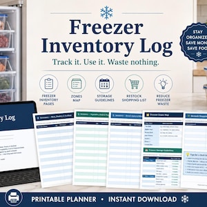 Puede incluir: Un planificador imprimible de registro de inventario de congelador con una tableta que muestra la interfaz digital, junto a varias páginas impresas con columnas para rastrear alimentos, zonas de almacenamiento y listas de compras.