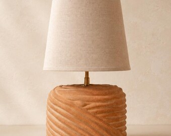 Handcrafted ceramic table lamp with beige fabric shade - oval shape with draped details - unique piece