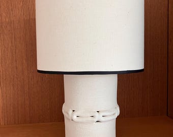 Handcrafted ceramic table lamp - handmade lampshade in vintage cotton fabric - French ceramic art - Ecru and black couture style