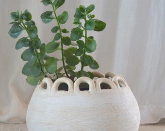 Large 24cm sculptural ceramic flower pot with flower-like links - a unique piece for indoor or outdoor use