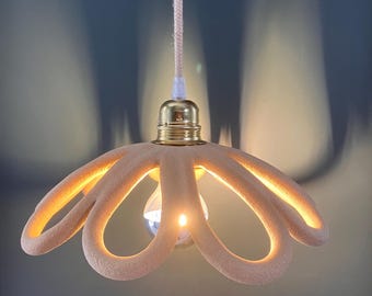 Handcrafted ceramic flower-shaped pendant light in beige sand-colored chamotte stoneware - raw-look ceiling lamp, rounded shape. French