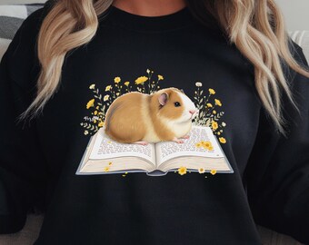Guinea Pig Reading Shirt, Book Lover Sweatshirt, Floral Pet Tee, Gift for Librarian, Bookworm, Guinea Pig Mom, Teacher Gift