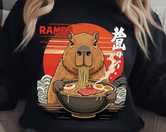 Capybara Ramen Shirt, Japanese Sunset Sweatshirt, Funny Anime Hoodie, Gift for Foodie, Rodent Lover, Teen Merch, Animal Tee