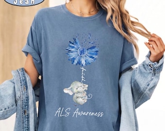 Comfort Colors® ALS Awareness Shirt, Blue Ribbon Elephant Flower Tee, ALS Warrior Support Top, Amyotrophic Lateral Sclerosis Fighter Gift