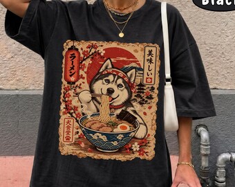 Comfort Colors® Siberian Husky Shirt, Kawaii Anime Ramen Tee, Japanese Food Lover Gift, Husky Dog Mom Top, Retro Noodle Tee