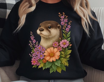 Sudadera con estampado de nutria floral, camiseta con estampado de animales, sudadera con capucha infantil de nutria, regalo para amantes de las flores, top para amantes de la naturaleza, arte de jardín de primavera, nutria botánica