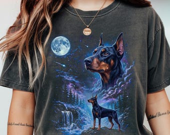 Comfort Colors® Doberman Howling To The Moon Shirt, Vintage Graphic Dog Lover Gift, 90s Full Moon Celestial Dog, Wolf Spirit Doberman Mom
