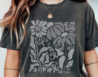 Camiseta unisex Comfort Colors® para concienciar sobre el glioblastoma, camiseta bohemia con estampado floral sobre el cáncer cerebral, regalo con lazo gris, camiseta para supervivientes de tumores cerebrales, camisetas de guerreros.