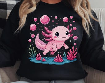 Axolotl Sweatshirt, Kawaii Animal Shirt, Kids Hoodie, Youth Girls Gift, Pink Salamander, Cute Sea Creature, Swimming Axolotl, Bubble Art Top