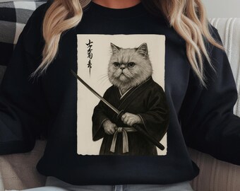 Persian Cat Samurai Shirt, Japanese Ink Wash Sweatshirt, Funny Warrior Hoodie, Gift for Anime Fan, Martial Arts, Cat Mom Tee