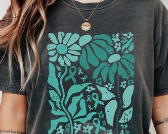 Comfort Colors® Cervical Cancer Awareness Shirt, Retro Teal Floral Tee, Abstract Ribbon Art, Survivor Gift for Her, January Support Top