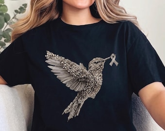 Unisex Brain Cancer Awareness Shirt, Gray Ribbon Hummingbird Tee, Glioblastoma Support Sweatshirt, Brain Tumor Warrior Gift, Wear Gray Top
