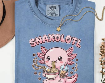Comfort Colors® Snaxolotl Shirt, Youth Foodie Tee, Kids Ramen Gift, Girls Boba Top, Boys Funny Snack, Cute Pink Animal, Kawaii Noodle