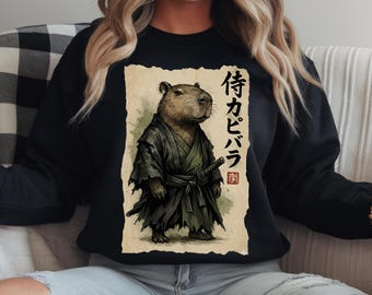 Camiseta de samurái capibara, sudadera con efecto lavado a tinta japonesa, sudadera con capucha de guerrero divertida, regalo para fans del anime, artes marciales, adolescentes, camiseta de animal genial
