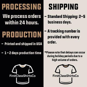 May include: Image with text about order processing and shipping. Text includes "We process orders within 24 hours," "Printed and shipped in USA," and "1-2 days production time." The image also shows a t-shirt graphic and the brand name "FirstClassShirtsCo."