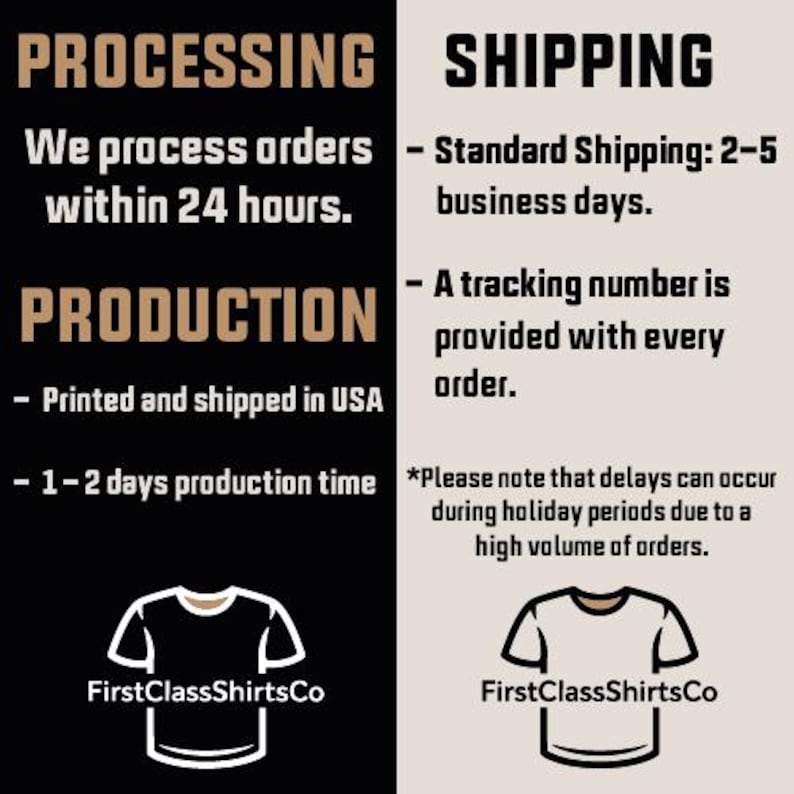 May include: Image with text about order processing and shipping. Text includes "We process orders within 24 hours," "Printed and shipped in USA," and "1-2 days production time." The image also shows a t-shirt graphic and the brand name "FirstClassShirtsCo."