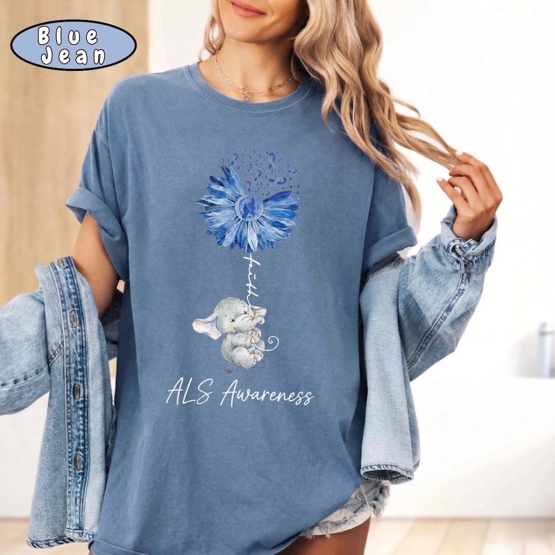 Comfort Colors® ALS Awareness Shirt, Blue Ribbon Elephant Flower Tee ...