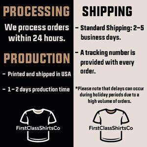 May include: Image with text about order processing and shipping. Text includes "We process orders within 24 hours," "Printed and shipped in USA," and "1-2 days production time." The image also features a t-shirt graphic and the brand name "FirstClassShirtsCo."