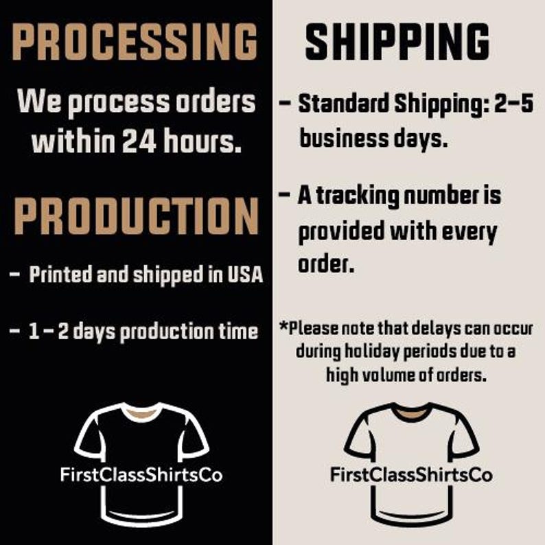 May include: Image with text about order processing and shipping. Text includes "We process orders within 24 hours," "Printed and shipped in USA," and "1-2 days production time." The image also features a t-shirt graphic and the brand name "FirstClassShirtsCo."