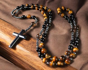 Obsidian Tigerauge Rosenkranz Halskette: Hämatit Kreuz Amulett