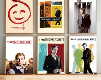Puede incluir: Seis pósteres enmarcados de la serie de televisión The Mentalist. Las impresiones presentan varios diseños gráficos, incluyendo una cara sonriente roja, retratos de un hombre con traje y el título de la serie en texto negro o rojo sobre fondos blancos, amarillos y rojos.