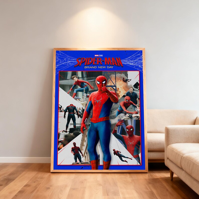 May include: A framed poster featuring Spider-Man in a red and blue suit, with the words "Spider-Man Brand New Day" in red and blue text. The poster has a blue background with images of Spider-Man in action. The frame is made of wood.