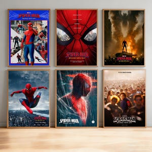 May include: Six framed movie posters featuring Spider-Man. The posters are in wooden frames and display action scenes and character portraits. The color palette includes red, blue, and black, with the words "Spider-Man" and "Brand New Day" displayed.