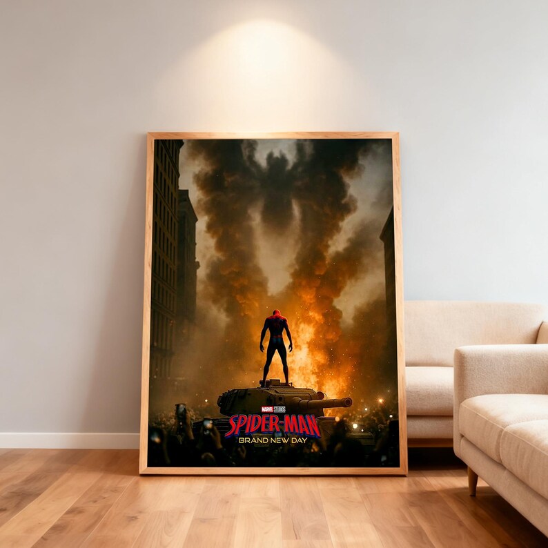 May include: A framed poster depicting Spider-Man on a tank against a backdrop of a burning city. The poster's text reads "SPIDER-MAN BRAND NEW DAY". The image is set in a room with a wooden floor and a beige sofa.