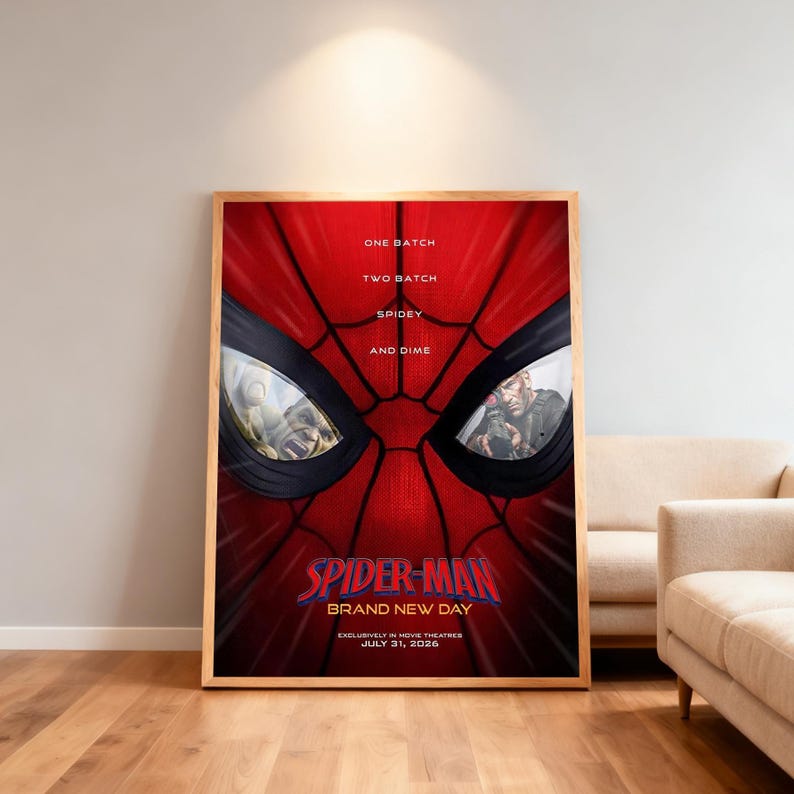 May include: A framed movie poster for Spider-Man: Brand New Day. The poster shows a close-up of Spider-Man's mask with the text "ONE BATCH, TWO BATCH, SPIDEY, AND DIME" above the title. The movie title is in red and blue, with the release date July 31, 2026.