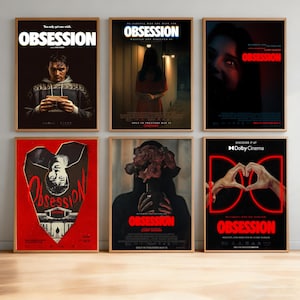 May include: Six framed movie posters with the title "Obsession" in various designs. The posters feature dark color schemes, with images of people, text, and the Dolby Cinema logo. The posters are in wooden frames.