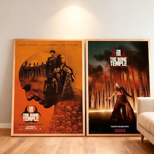 May include: Two framed movie posters for "The Bone Temple" with wooden frames. The left poster is orange with a silhouette of a face and the text "The Bone Temple". The right poster is dark with a figure in front of a forest and the text "The Bone Temple".