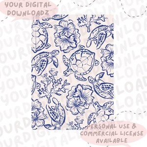 Puede incluir: Una impresión digital con un patrón repetitivo de tortugas marinas azules, flores y coral sobre un fondo crema. El texto "YOUR DIGITAL DOWNLOADZ" y "PERSONAL USE & COMMERCIAL LICENSE AVAILABLE" son visibles.