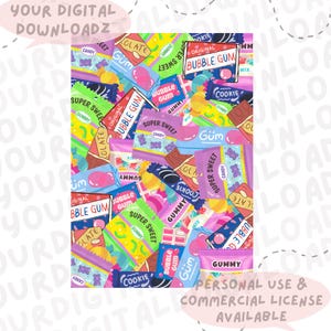 May include: A colorful digital art print featuring various candy wrappers and sweets. The design includes bubble gum, chocolate bars, and gummy candies in vibrant colors. Text includes "Bubble Gum," "Gummy," and "Cookie."