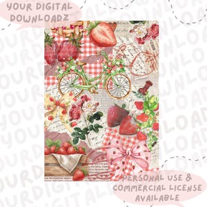 Op de afbeelding: Een digitale collage met aardbeien, bloemen en een groene fiets. Het ontwerp bevat een rood-wit ruitpatroon, vintage papieren texturen en de tekst "YOUR DIGITAL DOWNLOADZ" en "PERSONAL USE & COMMERCIAL LICENSE AVAILABLE".