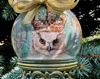 Handmade Snowy Owl Christmas Ornament: Resin Snow Globe with Crown