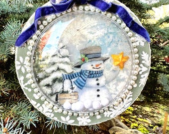 Snowman Snow Globe Ornament – Glittered Snowflakes Holiday Decor