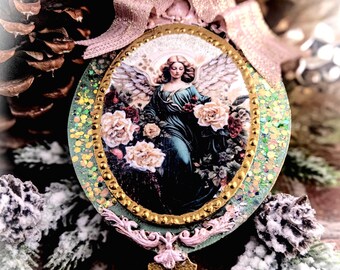 Large Oval Angel Pendant Ornament-Emerald Green with Roses-Shabby Chic Christmas Decor-Glitter Accents-Gold trim